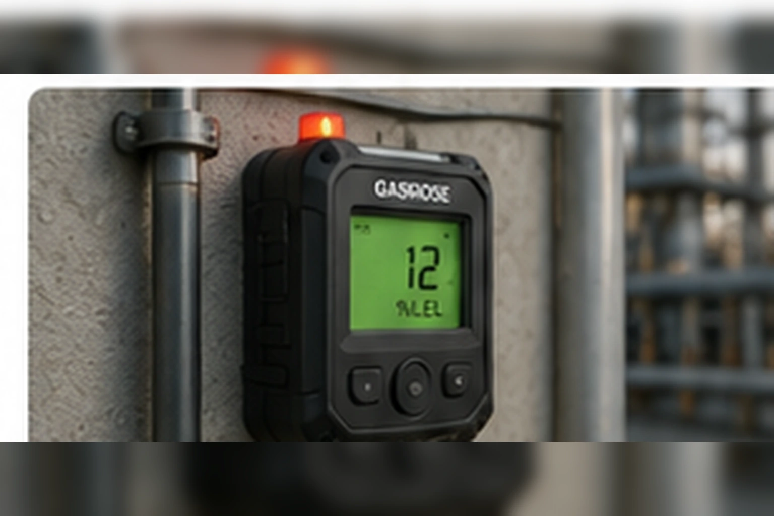 Portable gas detector displaying an elevated LEL reading near industrial pipework