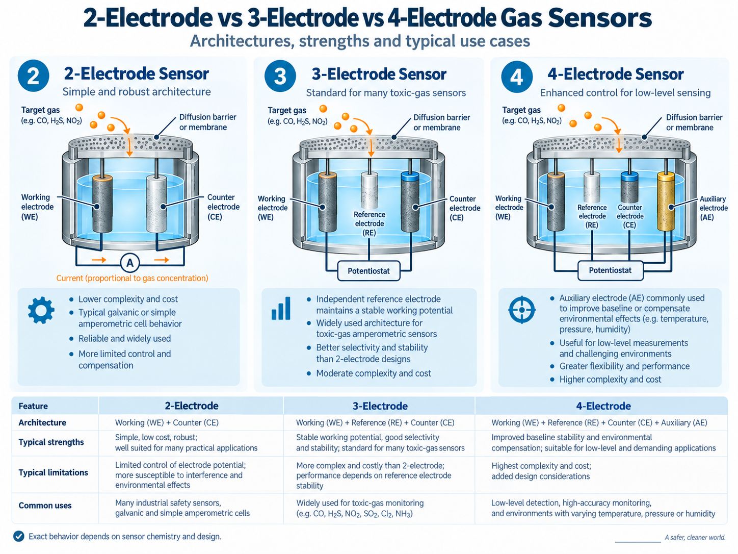 Click to enlarge Comparison of 2 electrode 3 electrode and 4 electrode electrochemical gas sensors
