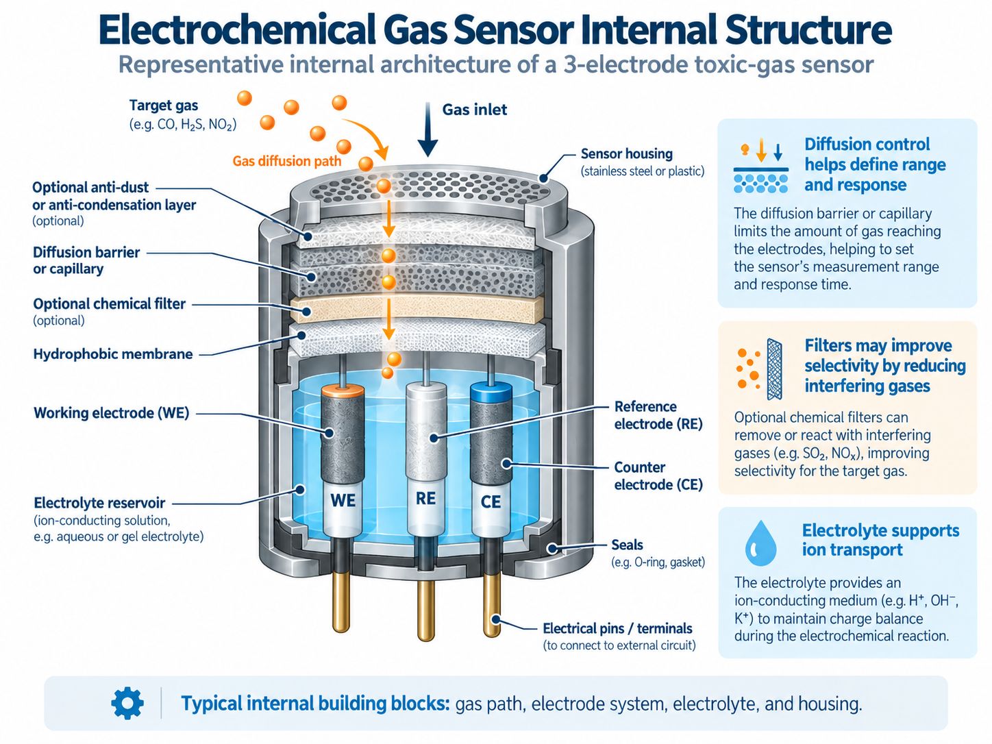 Click to enlarge Internal structure of a three electrode electrochemical gas sensor with membrane filter electrodes electrolyte and terminals