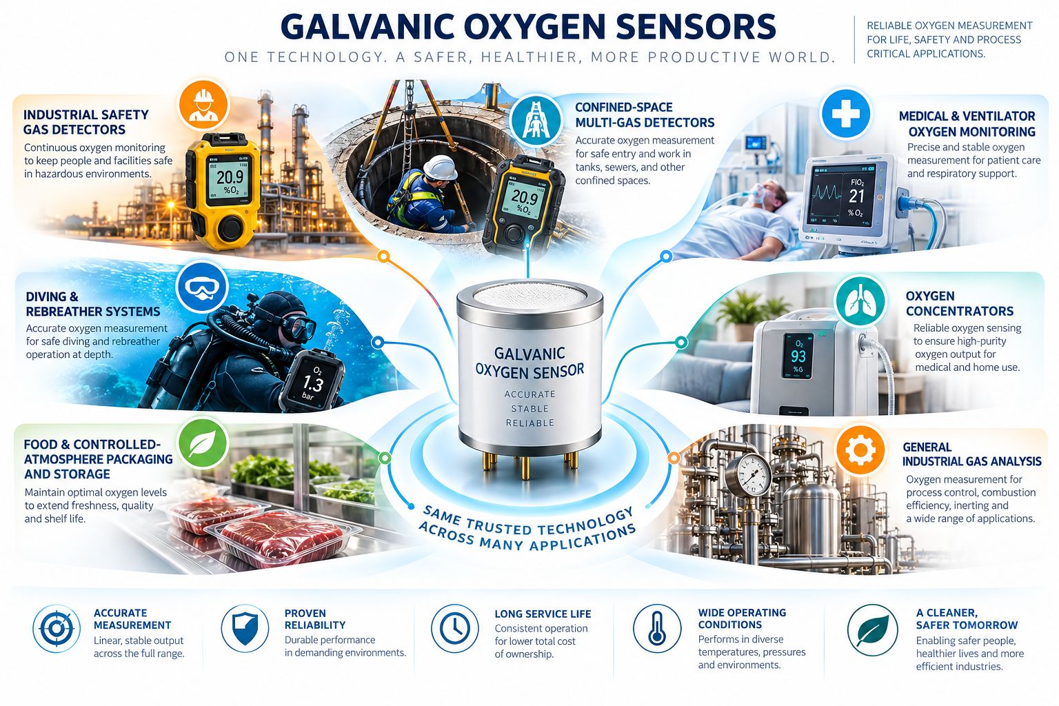 Applications of galvanic oxygen sensors in industrial safety confined spaces medical ventilators diving oxygen concentrators food packaging and process gas analysis