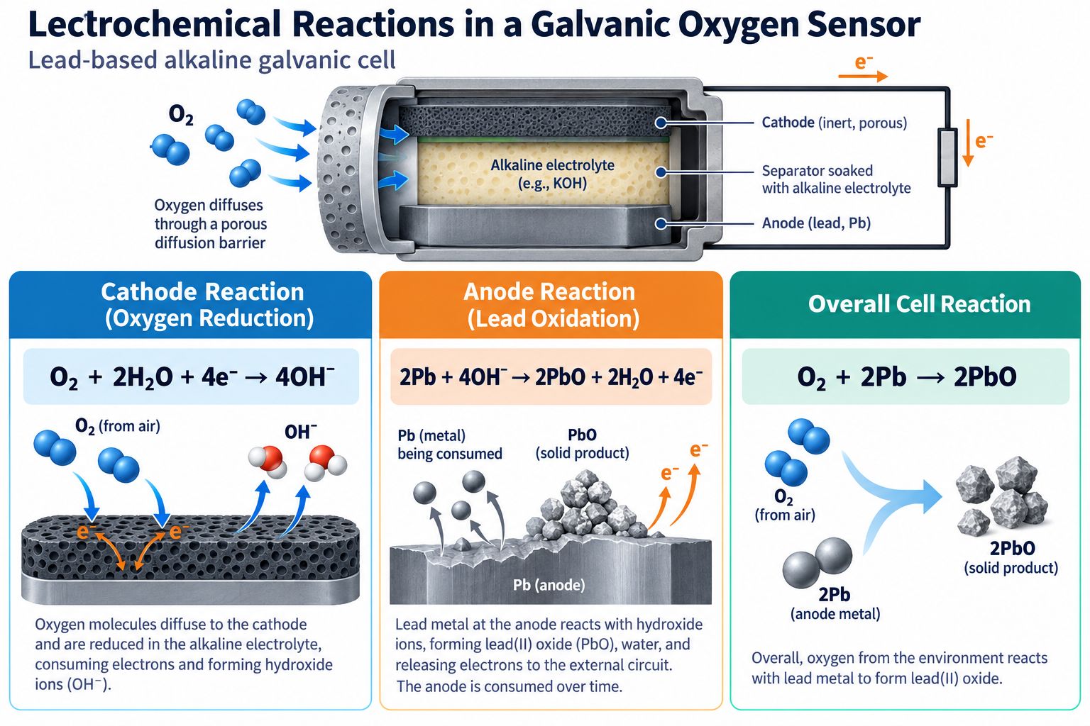 Electrochemical reactions in a lead based galvanic oxygen sensor showing oxygen reduction at cathode and lead oxidation at the anode
