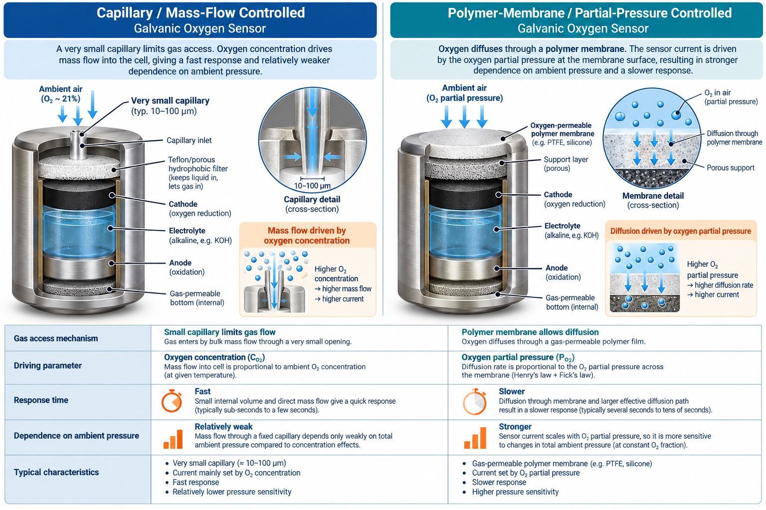 Mass flow versus partial pressure controlled galvanic oxygen sensors comparing capillary and polymer membrane diffusion architectures