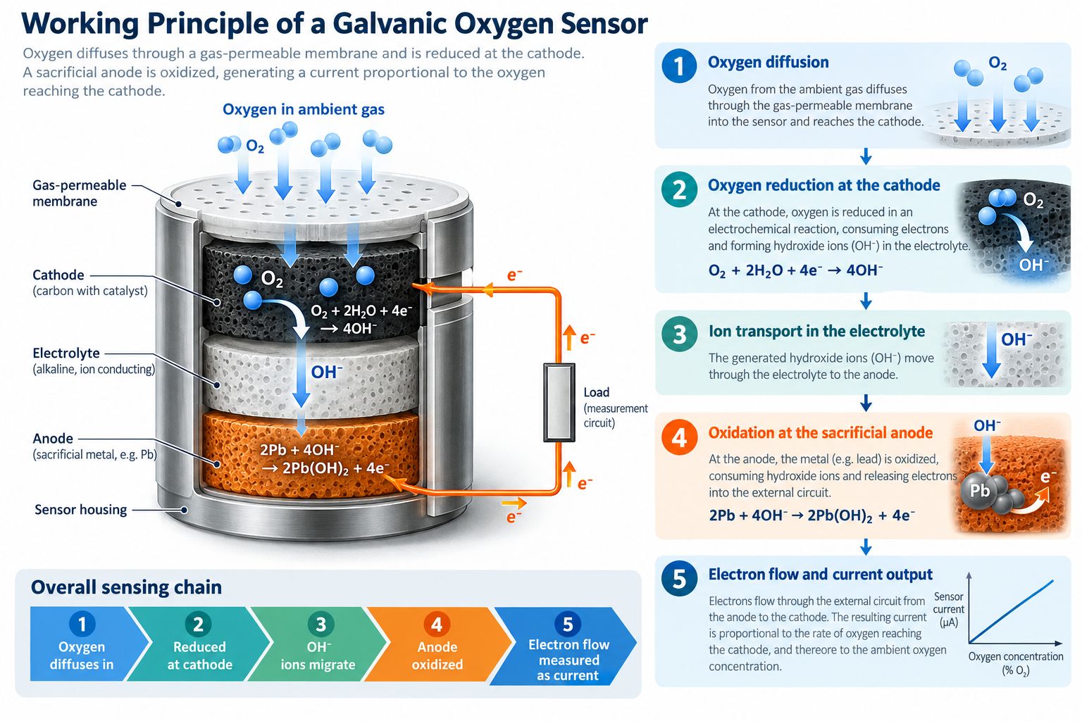 Galvanic oxygen sensor working principle showing oxygen diffusion cathode reduction ion transport anode oxidation and current output