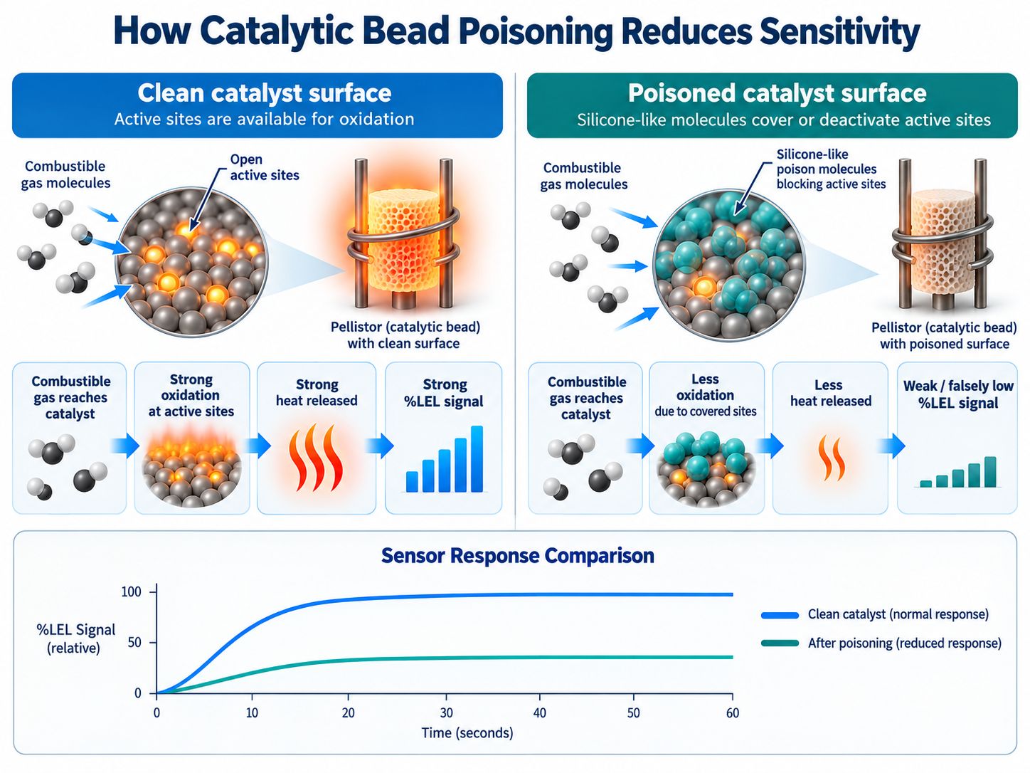 How Catalytic Bead Poisoning Reduces Sensitivity