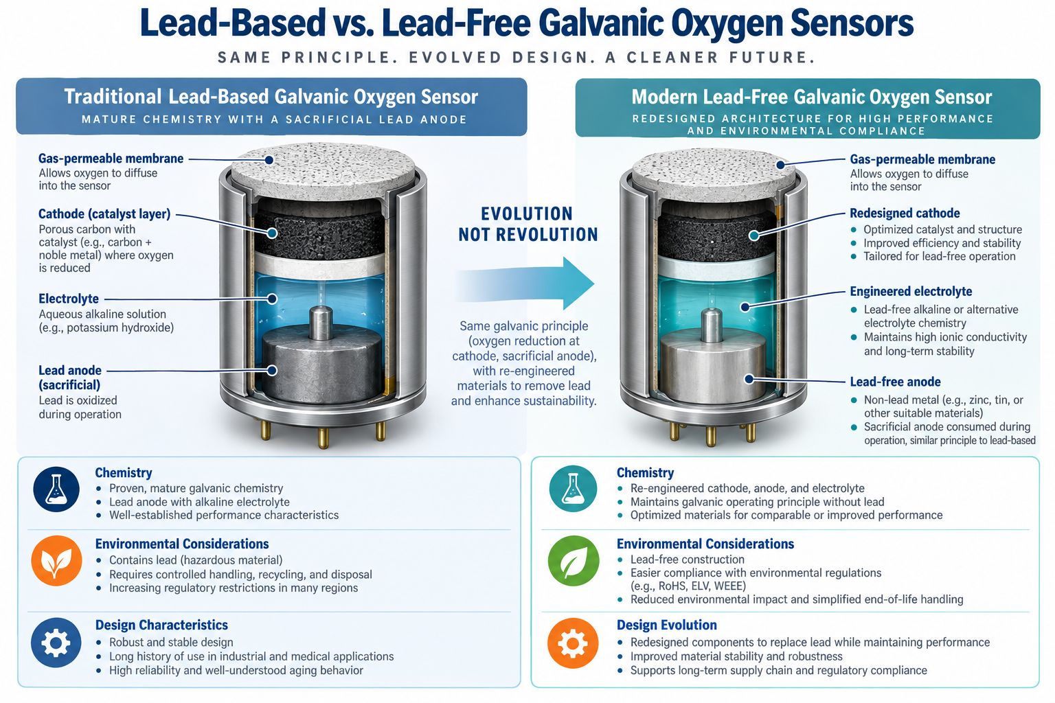 Lead based versus lead free galvanic oxygen sensors comparing traditional lead anode chemistry and redesigned lead free cells