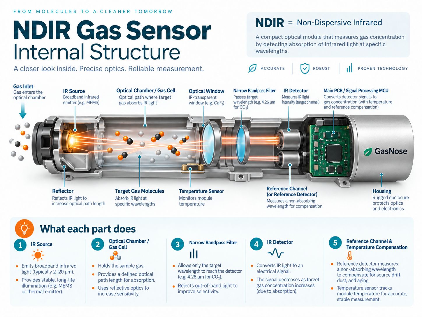 NDIR gas sensor internal structure showing source optical chamber filters detectors reference channel temperature sensor and electronics