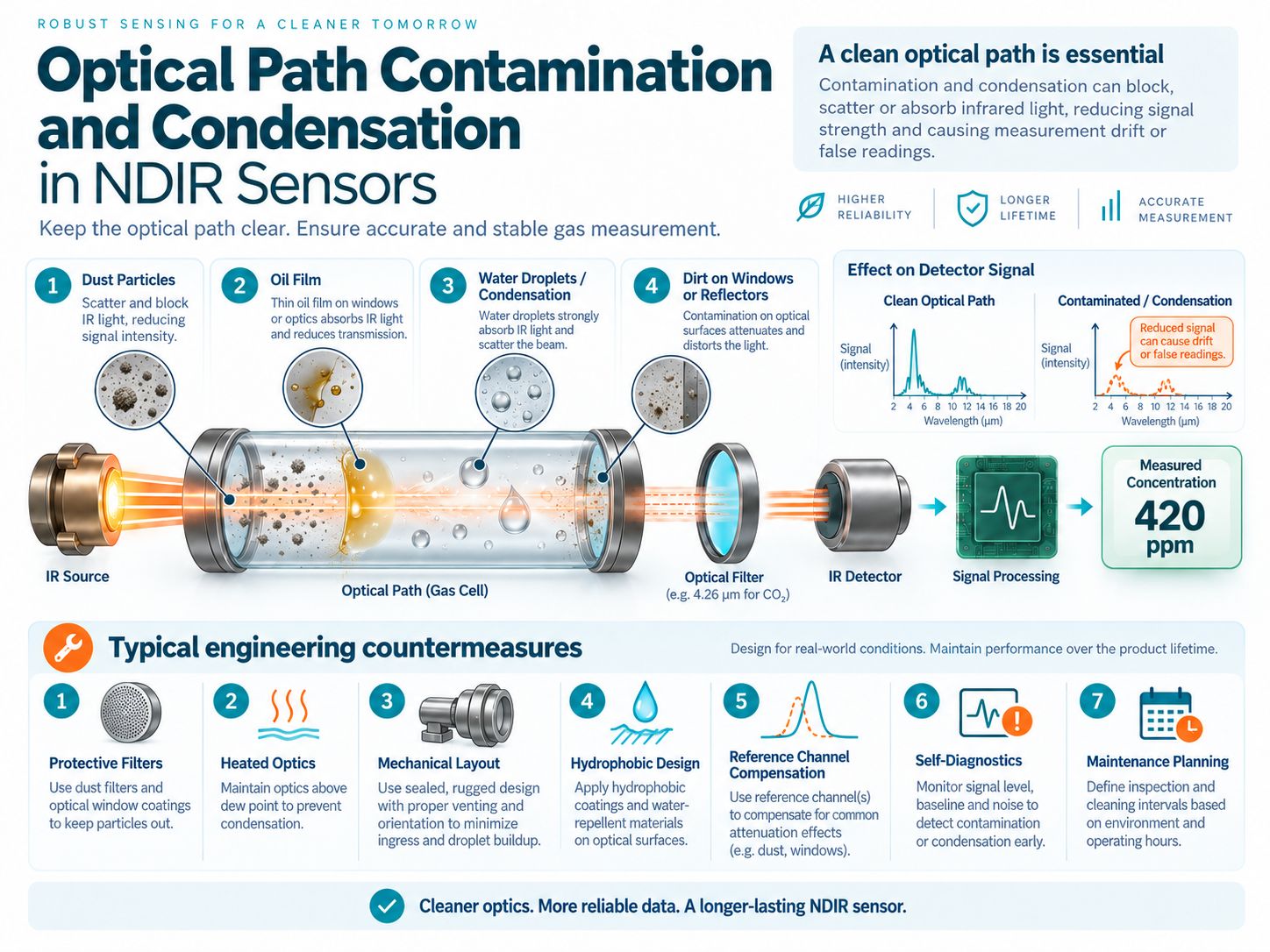 NDIR gas sensor optical contamination condensation dust oil film and engineering countermeasures