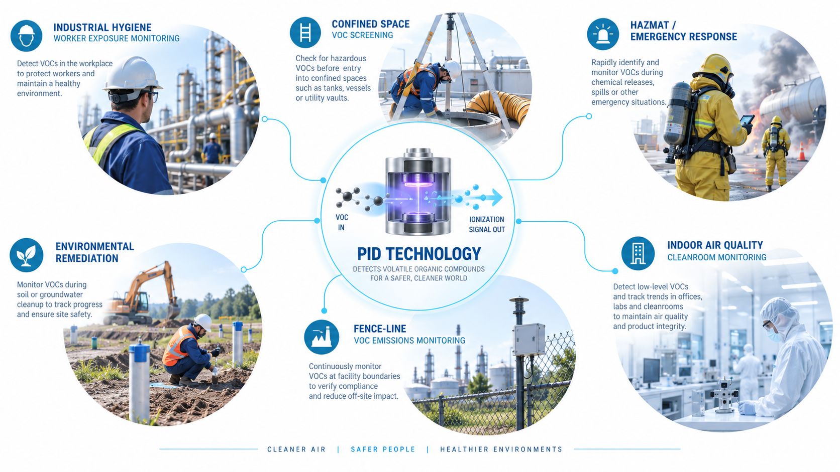 PID gas sensor applications in industrial hygiene confined spaces hazmat environmental remediation fence line monitoring and indoor air quality