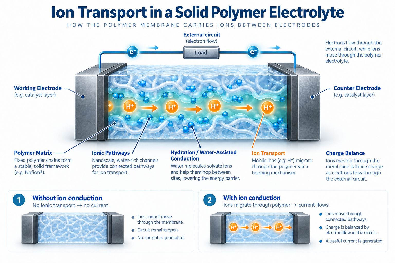Ion transport in a solid polymer electrolyte showing polymer matrix hydration ion pathways and charge balance