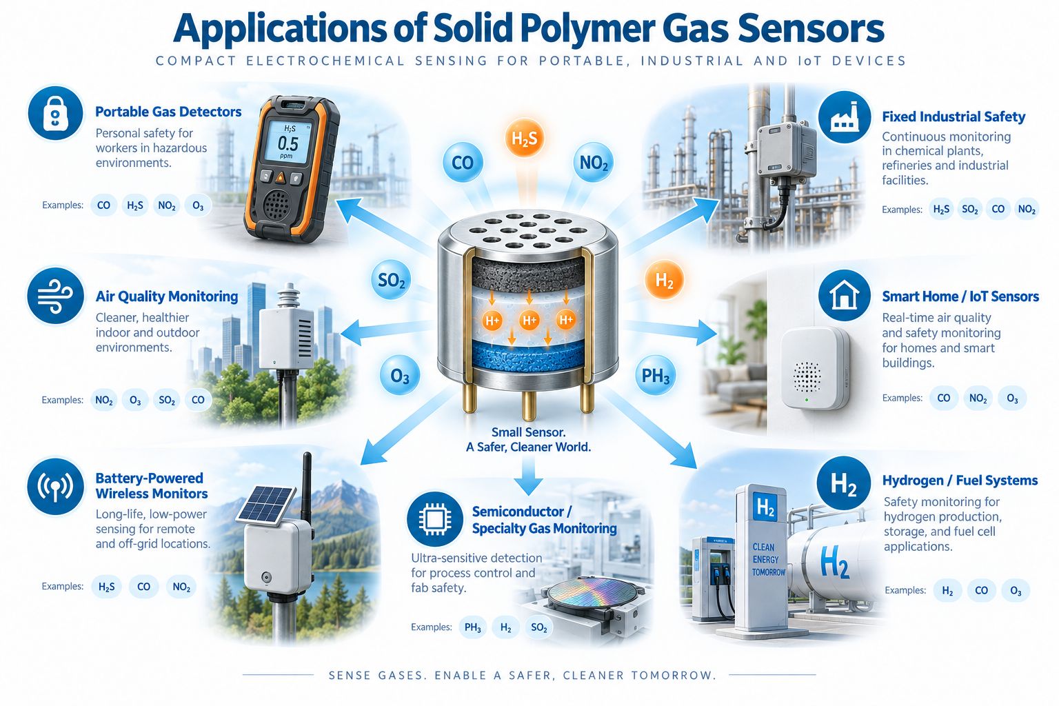 Applications of solid polymer gas sensors in portable detectors fixed industrial safety air quality monitoring smart home IoT and hydrogen systems