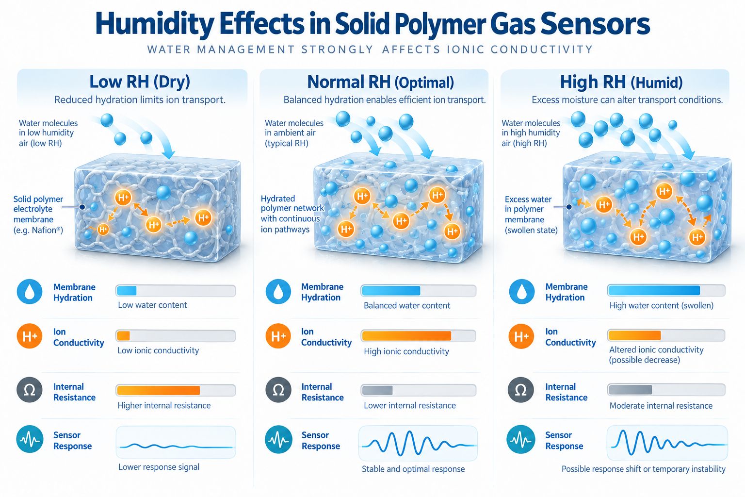 Humidity effects in solid polymer gas sensors showing low normal and high relative humidity influence on hydration conductivity resistance and response