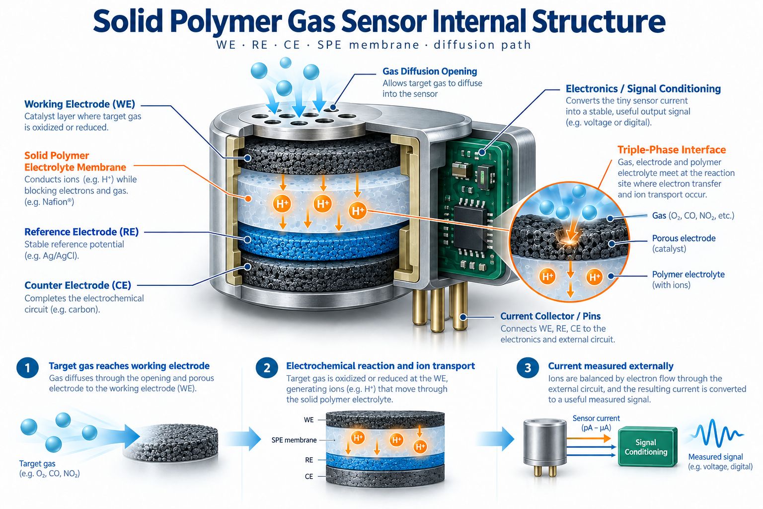 Solid polymer gas sensor internal structure showing working reference and counter electrodes SPE membrane diffusion inlet and triple phase interface