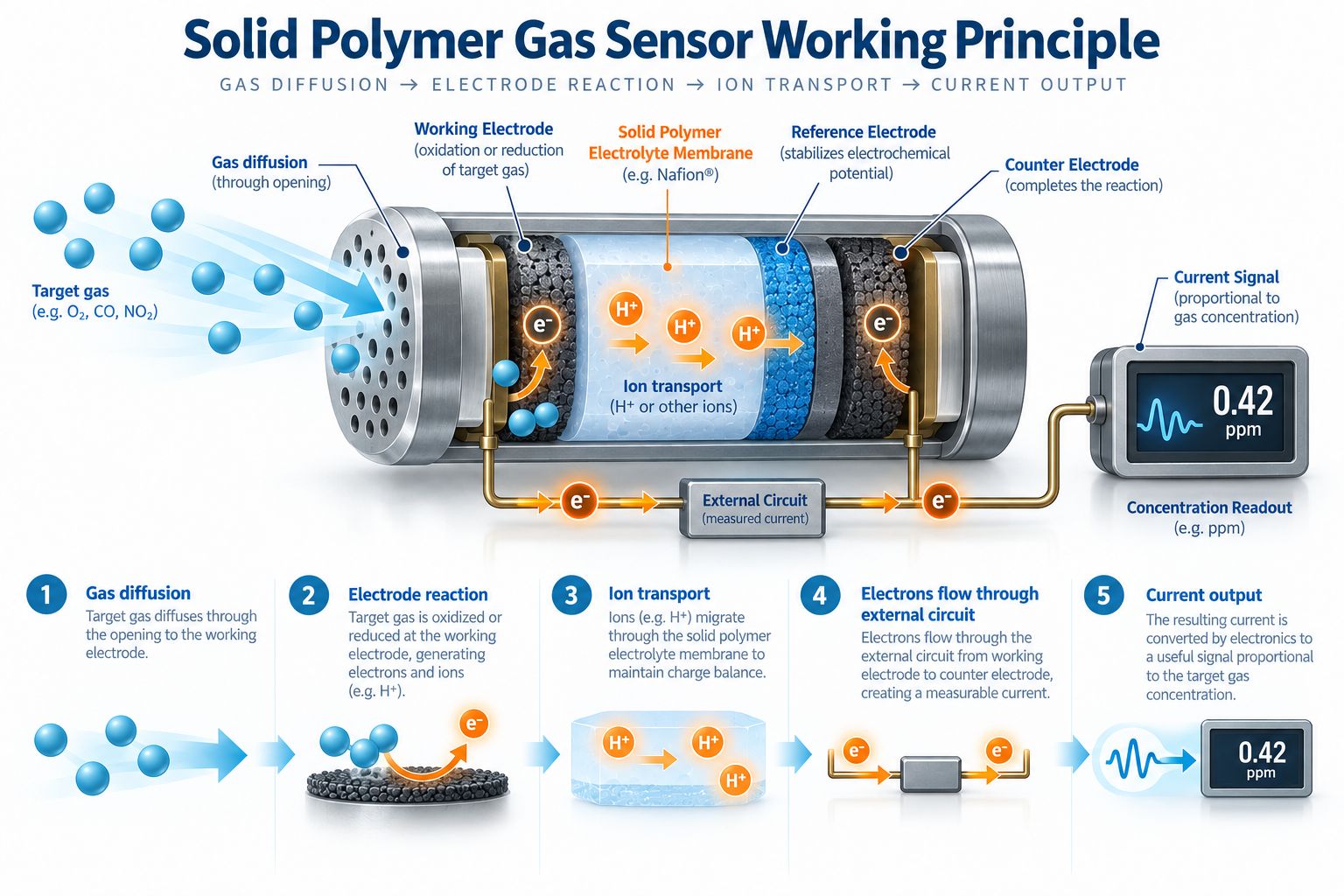 Solid polymer gas sensor working principle showing gas diffusion electrode reaction ion transport through solid polymer electrolyte and current output