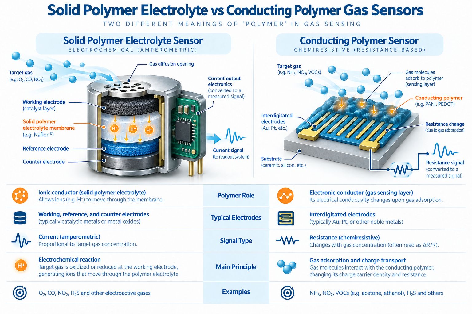 Solid polymer electrolyte versus conducting polymer gas sensor comparison showing electrochemical current based sensing versus chemiresistive resistance based sensing