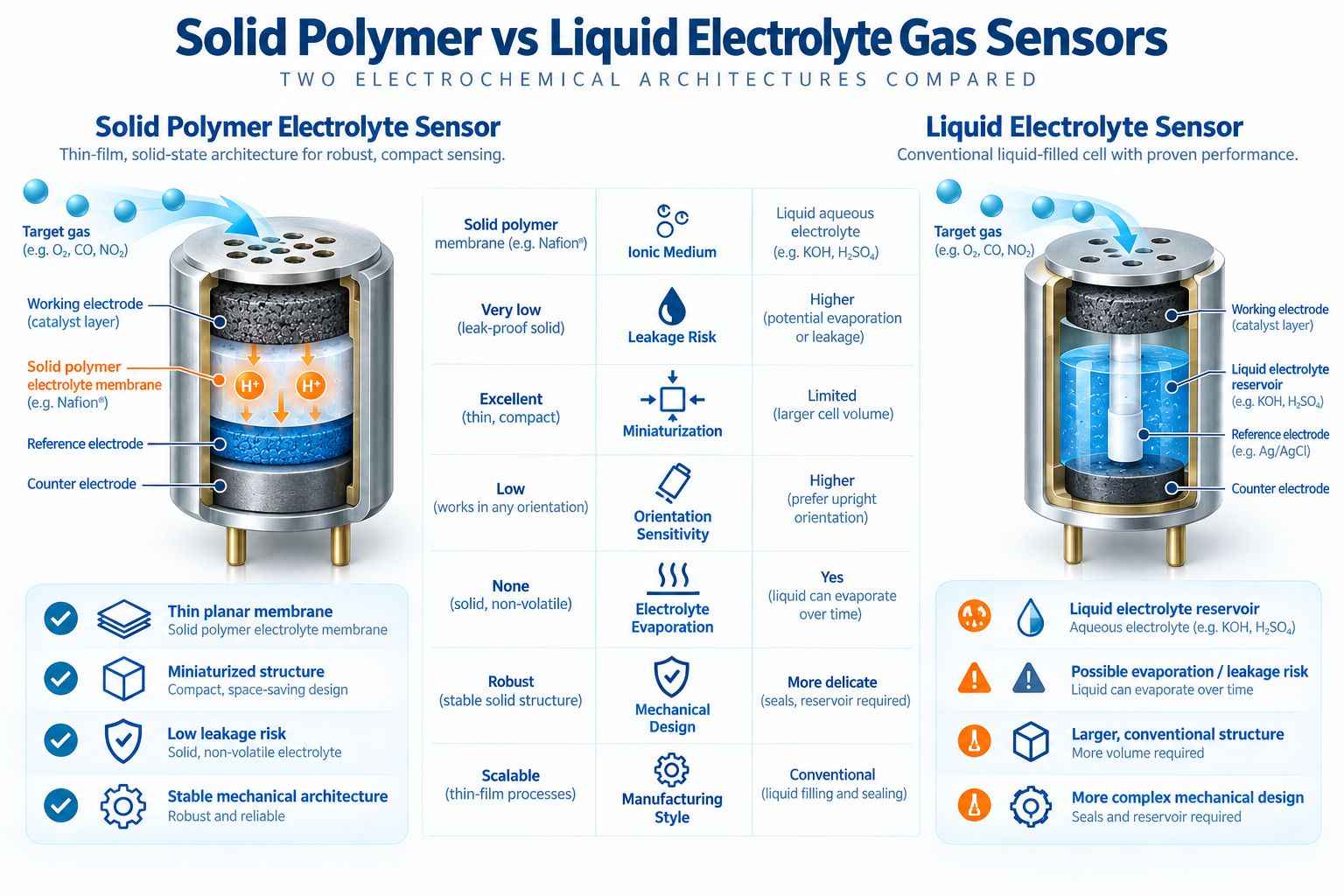 Solid polymer versus liquid electrolyte gas sensor comparison showing leakage risk miniaturization orientation sensitivity and mechanical design differences
