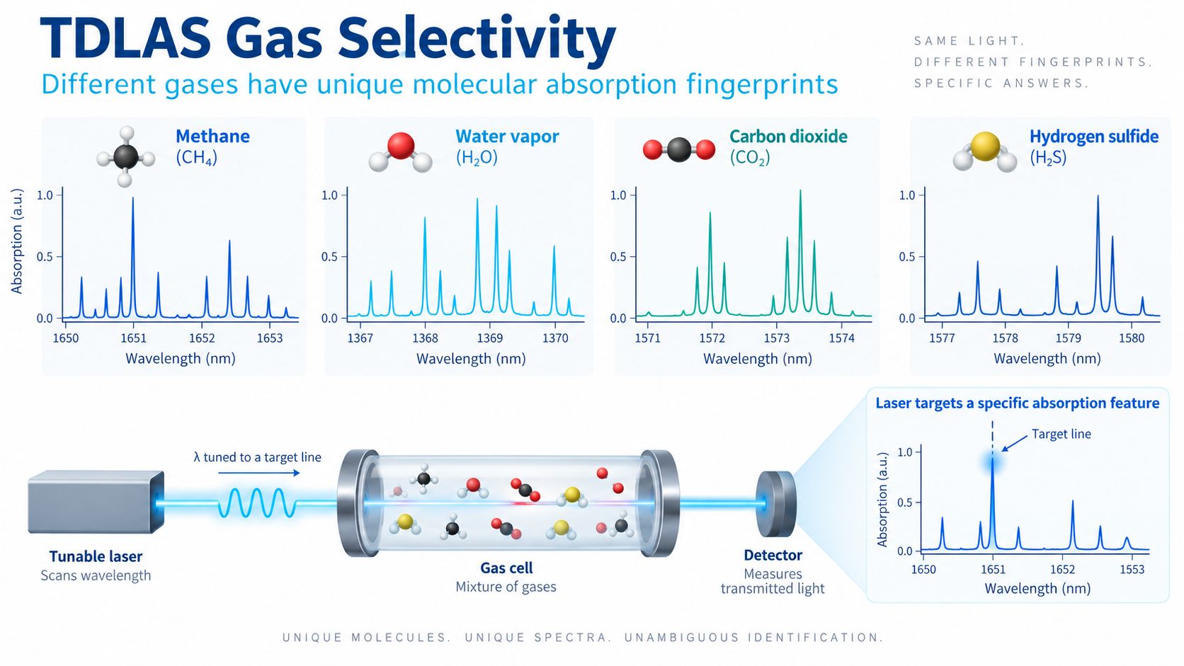 TDLAS gas selectivity molecular absorption fingerprints for methane water vapor carbon dioxide and hydrogen sulfide