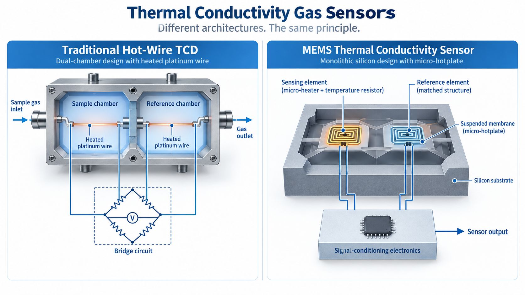Traditional hot wire and MEMS thermal conductivity gas sensor structures