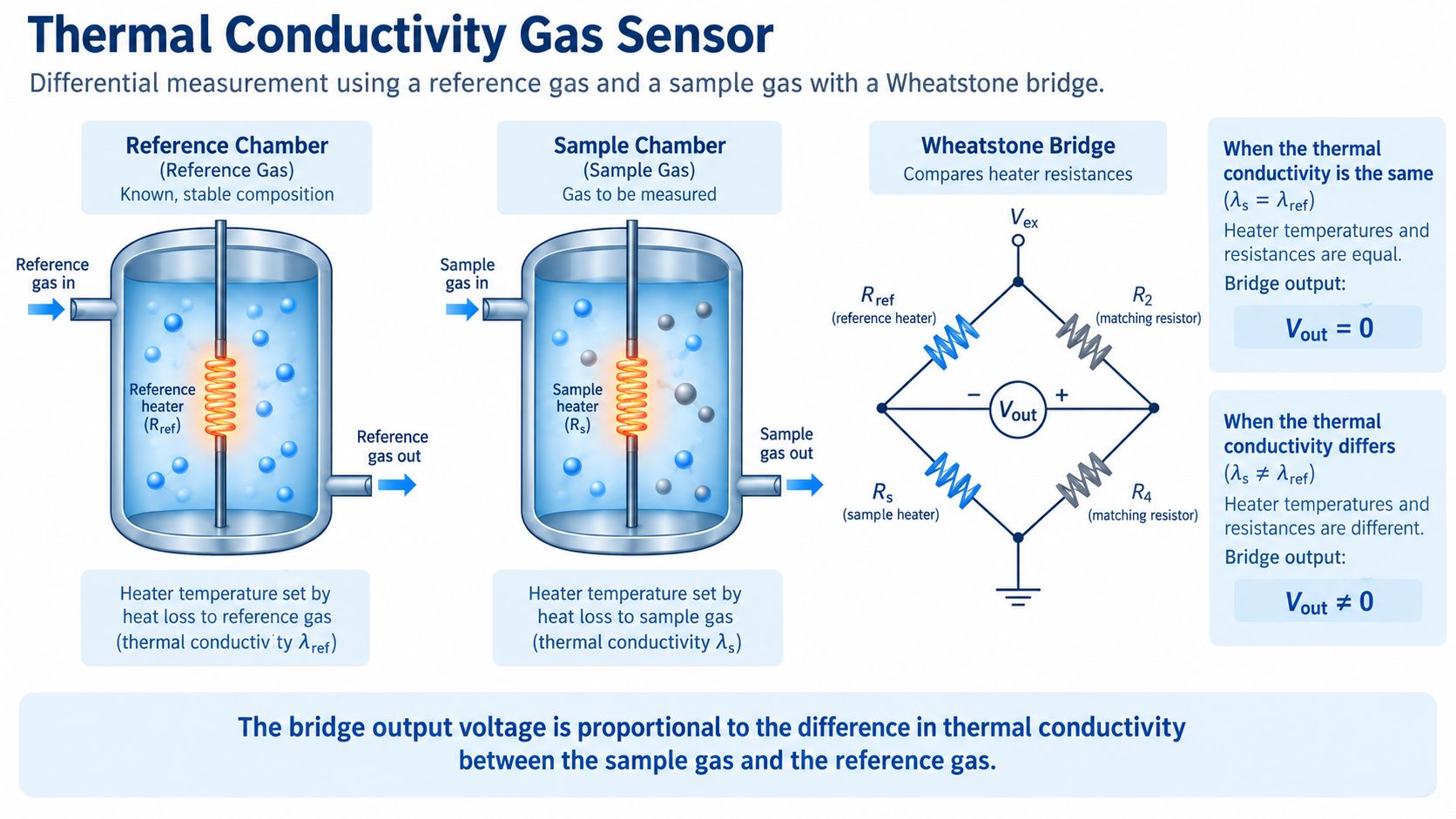 Thermal conductivity gas sensor Wheatstone bridge sample reference
