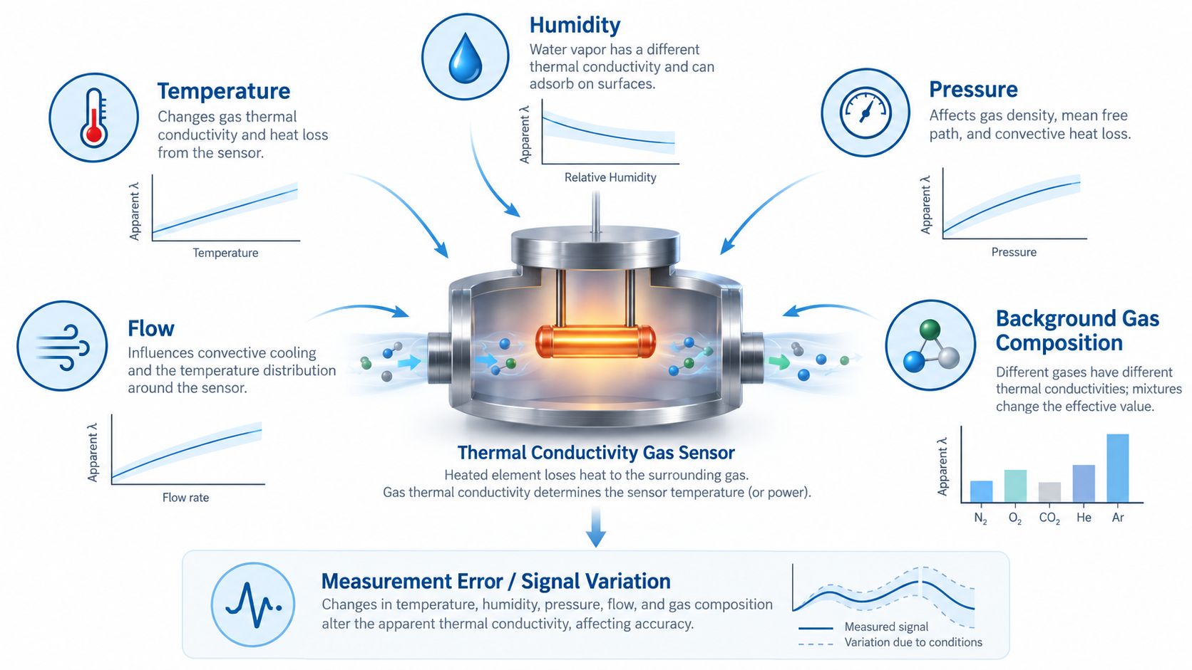 Thermal conductivity sensor temperature humidity pressure flow background gas effects
