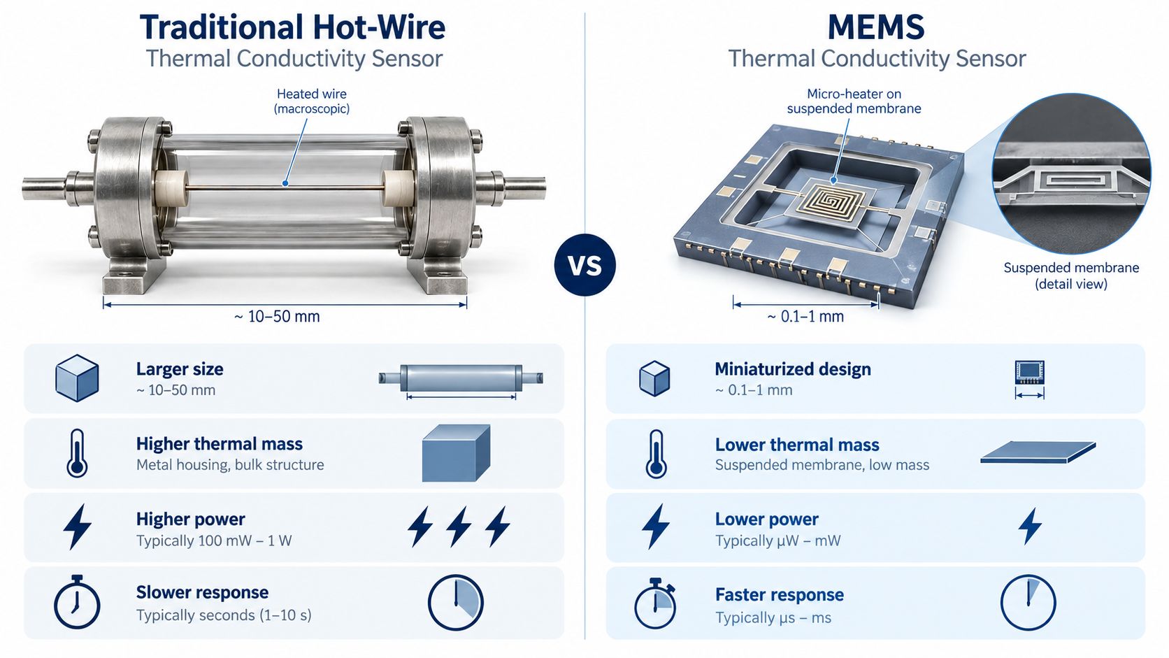 Traditional hot wire versus MEMS thermal conductivity sensor