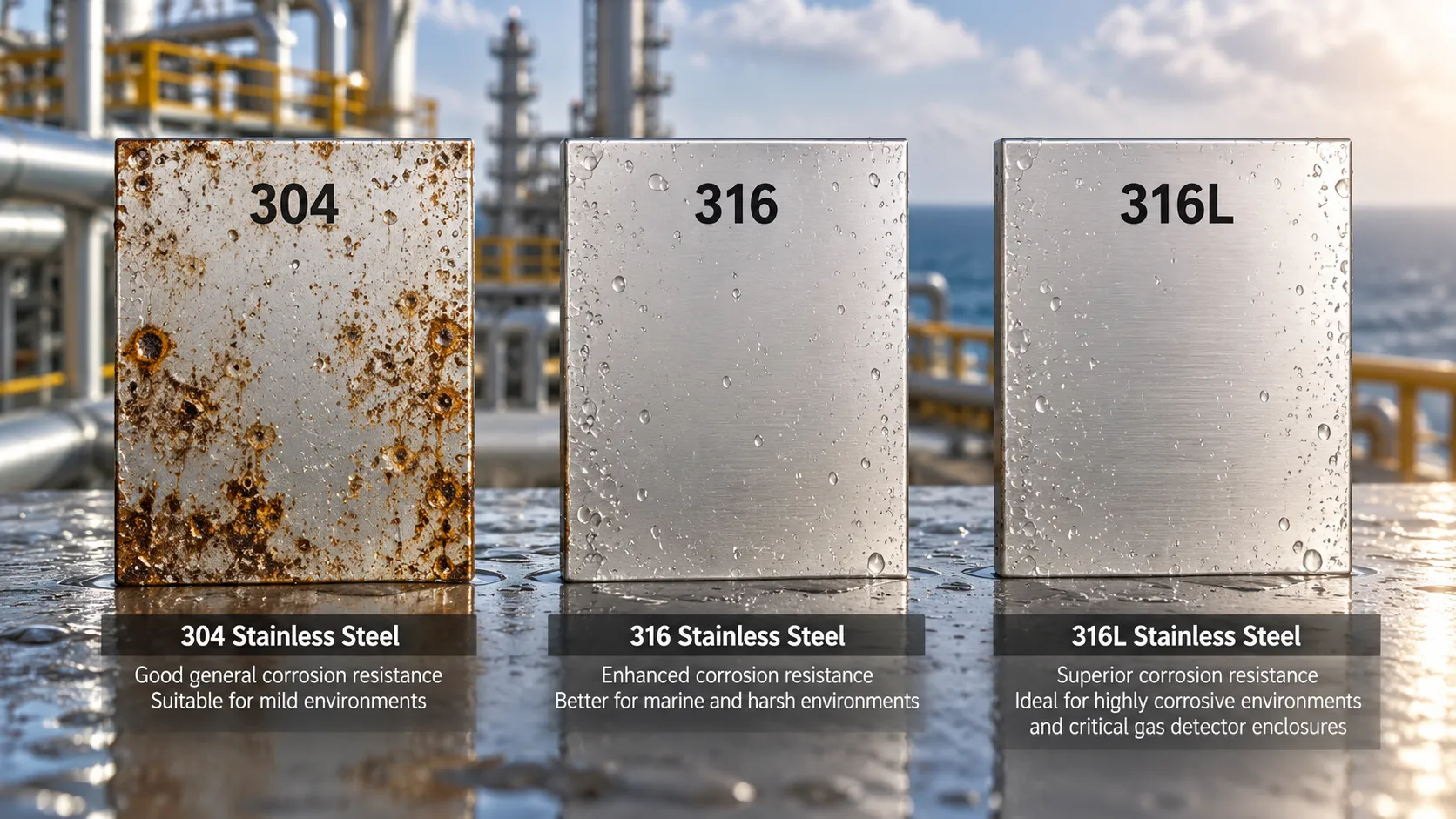 Conceptual illustration comparing 304, 316 and 316L stainless steel samples in a wet industrial environment