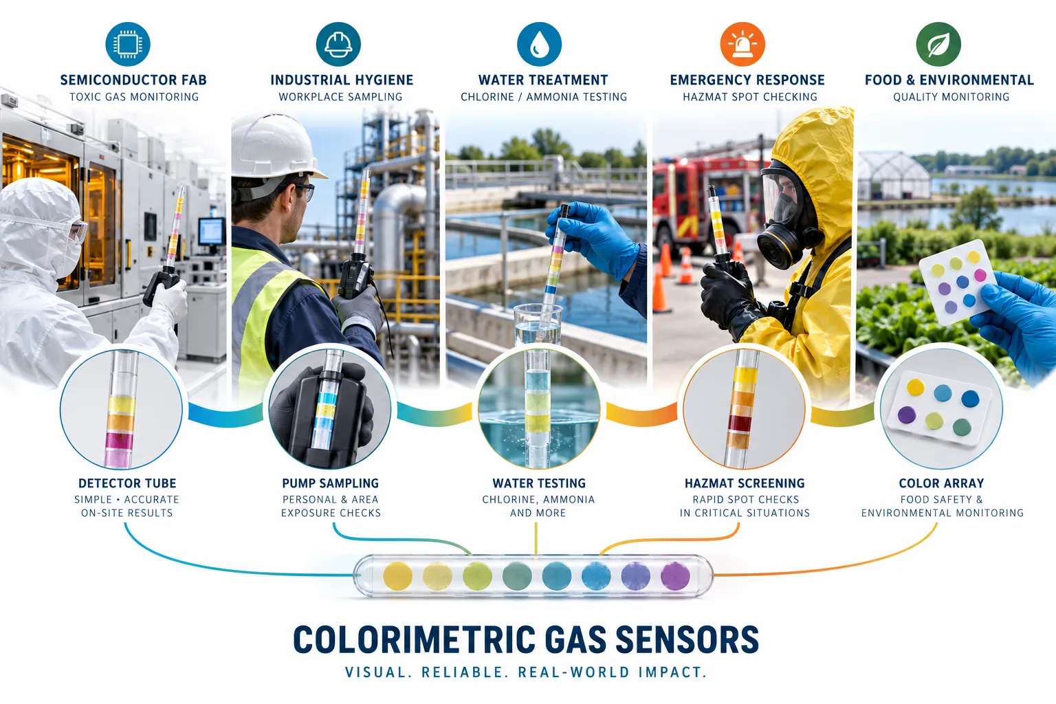 Colorimetric gas detection applications in semiconductor fabs, industrial hygiene, water treatment, emergency response, food monitoring and environmental screening