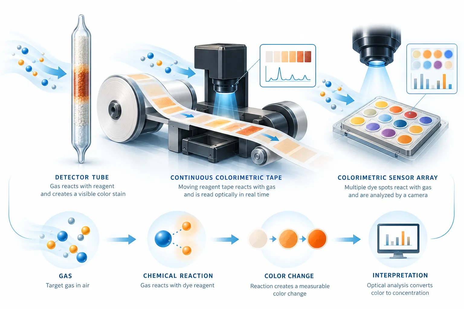 Colorimetric gas sensing technology showing detector tube, chemical reagent tape with optical reader, and multi-dye sensor array