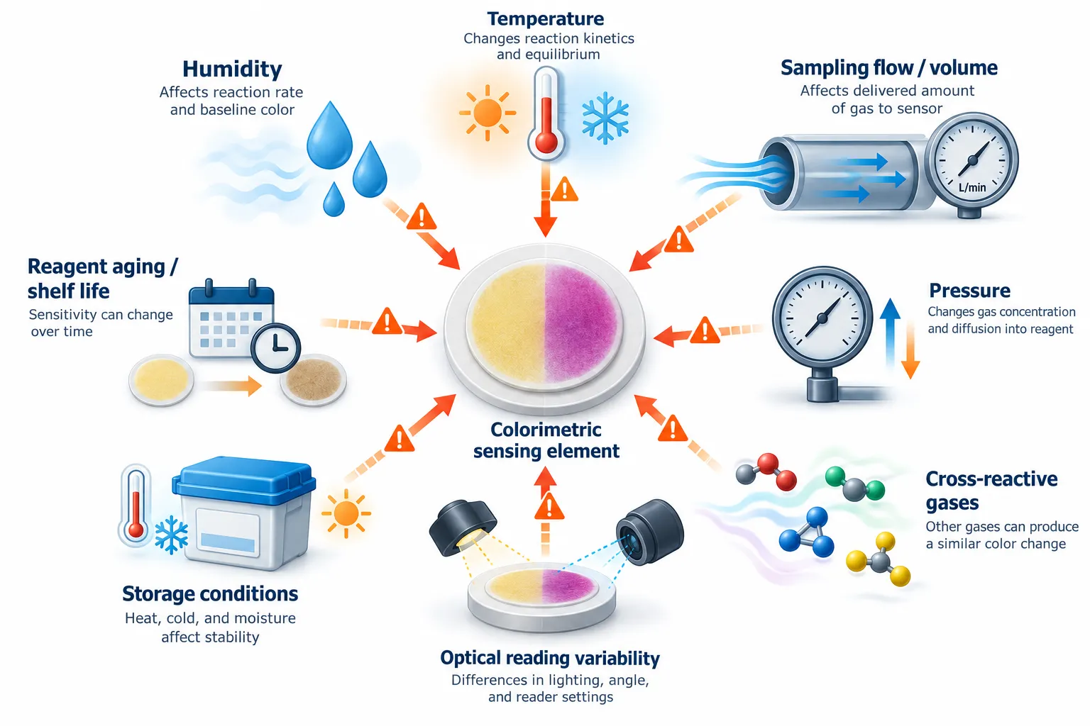 Environmental and interference factors affecting colorimetric gas sensing including humidity, temperature, pressure, sampling volume, cross-reactive gases, reagent aging, storage and optics