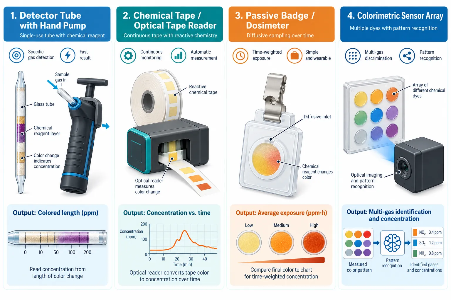 Four colorimetric sensor types: hand-pump detector tube, optical detection tape, passive badge and multi-dye sensor array