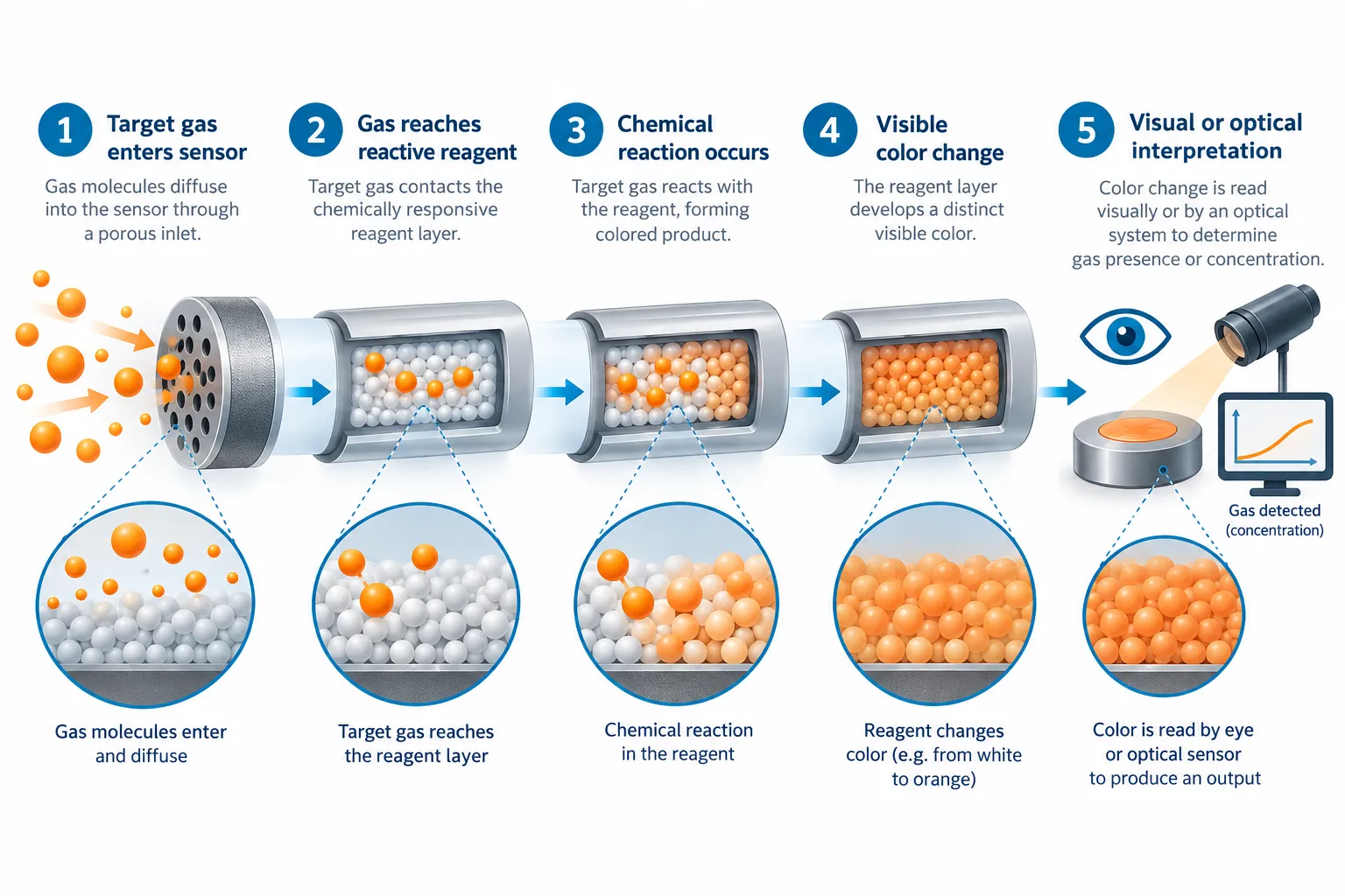 Five stages in a colorimetric gas sensor: gas entry, reagent contact, chemical reaction, color formation and visual or optical readout