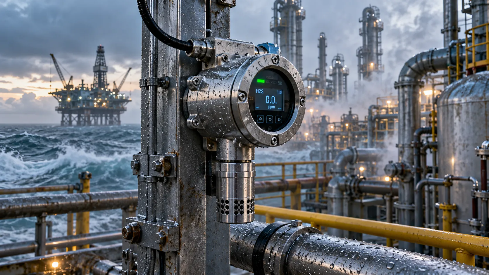 Stainless steel gas detector operating in wet coastal and chemical-industry conditions