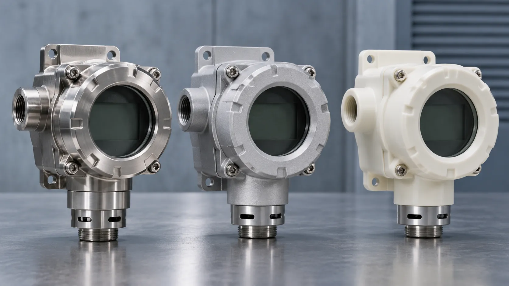 Side-by-side comparison of stainless steel, aluminum alloy and engineering plastic industrial gas detector housings