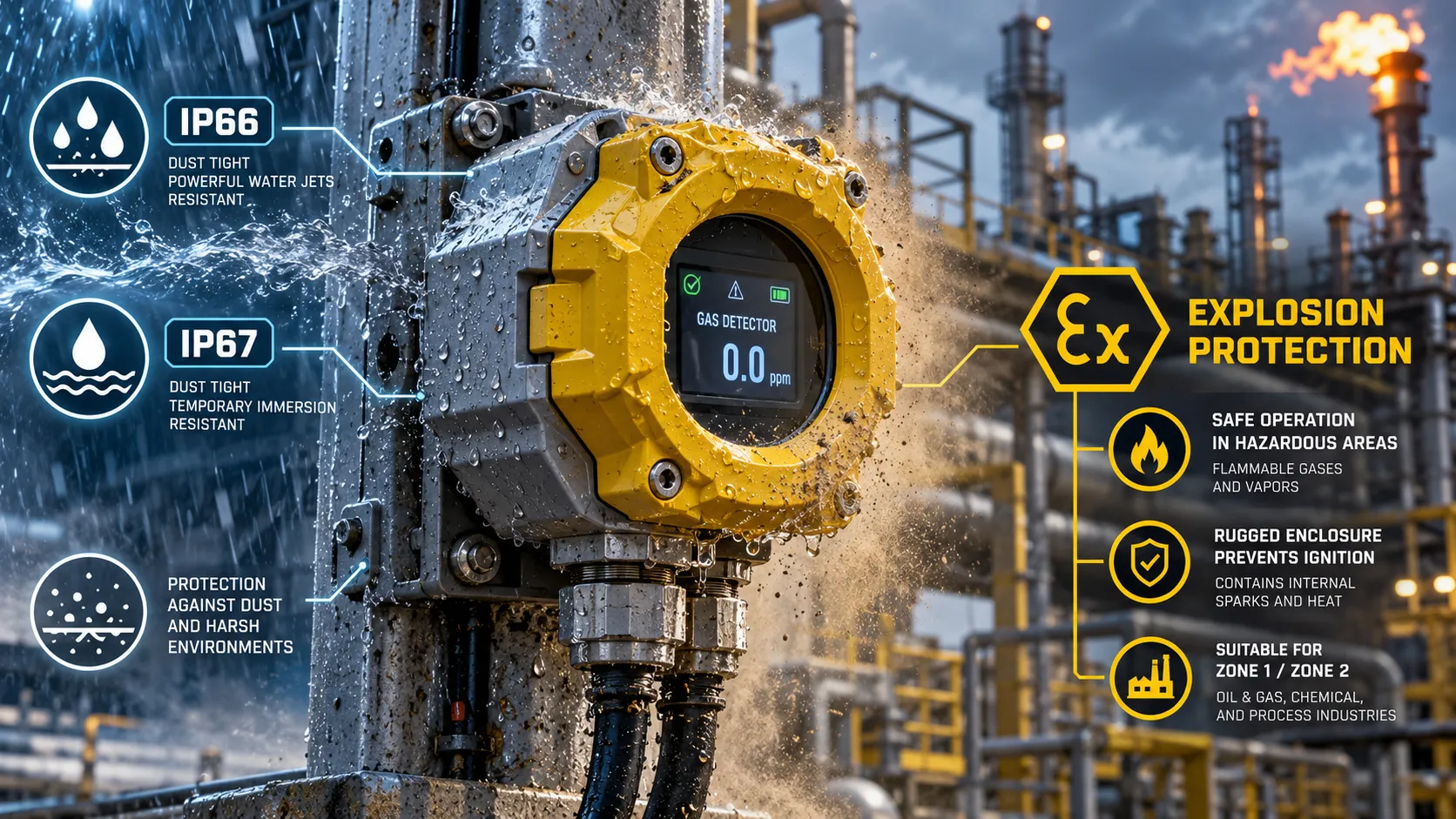 Industrial detector showing environmental ingress protection and hazardous-area safety concepts