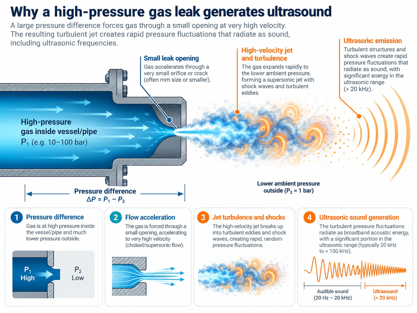 Cross section of pressurized pipe leak explaining pressure difference accelerated jet turbulence and ultrasonic acoustic emission
