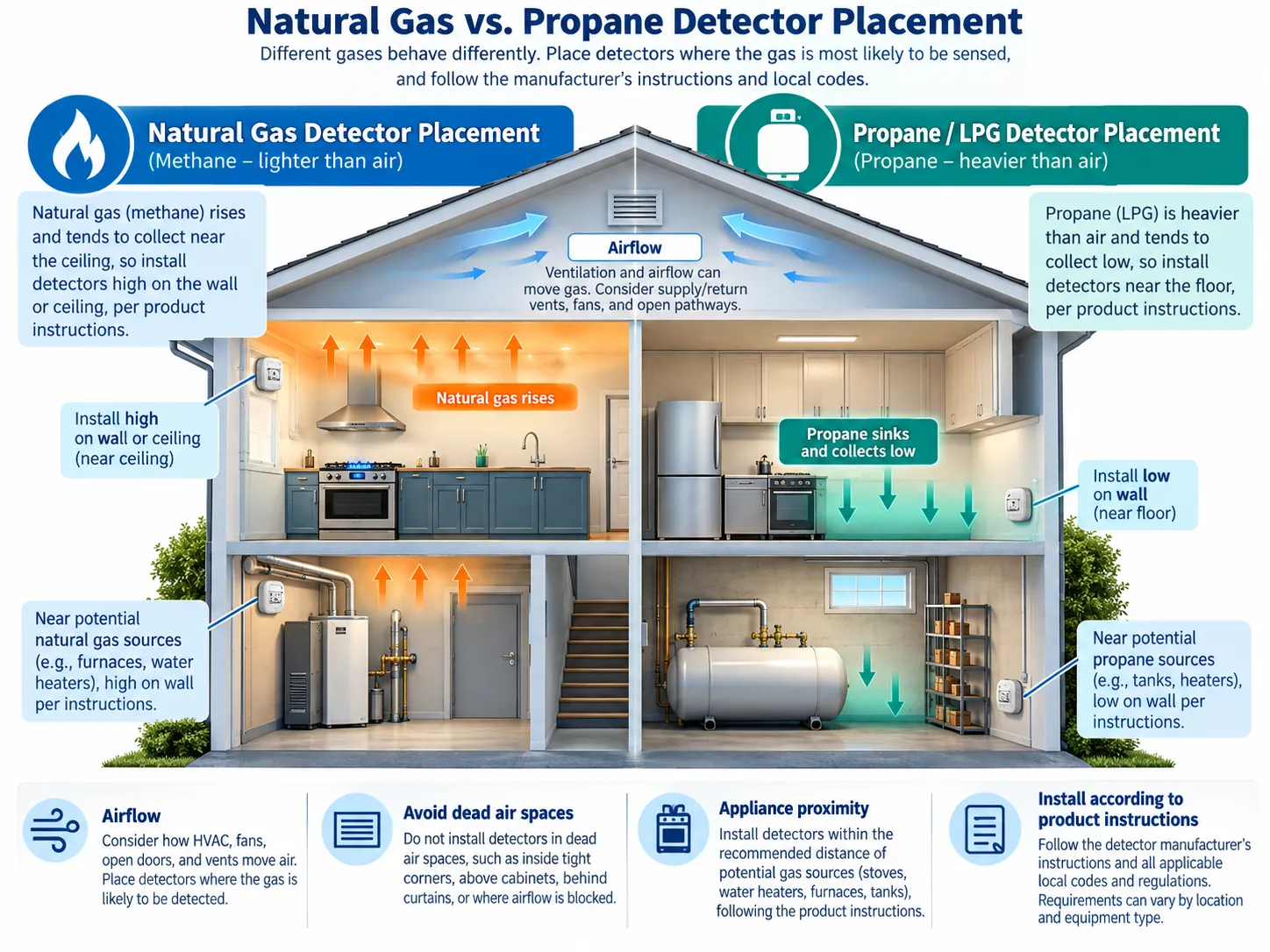 Natural gas versus propane detector placement considerations in a home, including airflow and likely accumulation areas