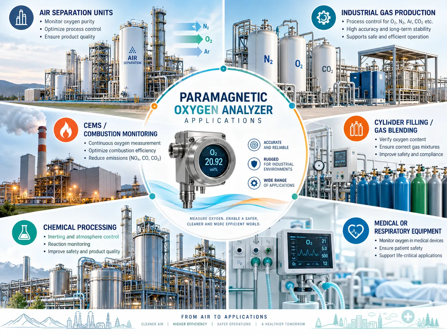 Applications of paramagnetic oxygen analyzers in air separation units industrial gas production combustion chemical processing gas blending and medical equipment