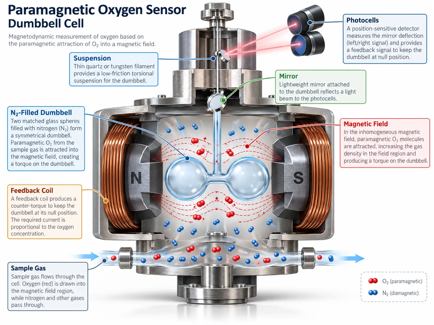 Paramagnetic oxygen sensor dumbbell cell showing nitrogen filled spheres suspension mirror photocells magnetic field and feedback coil