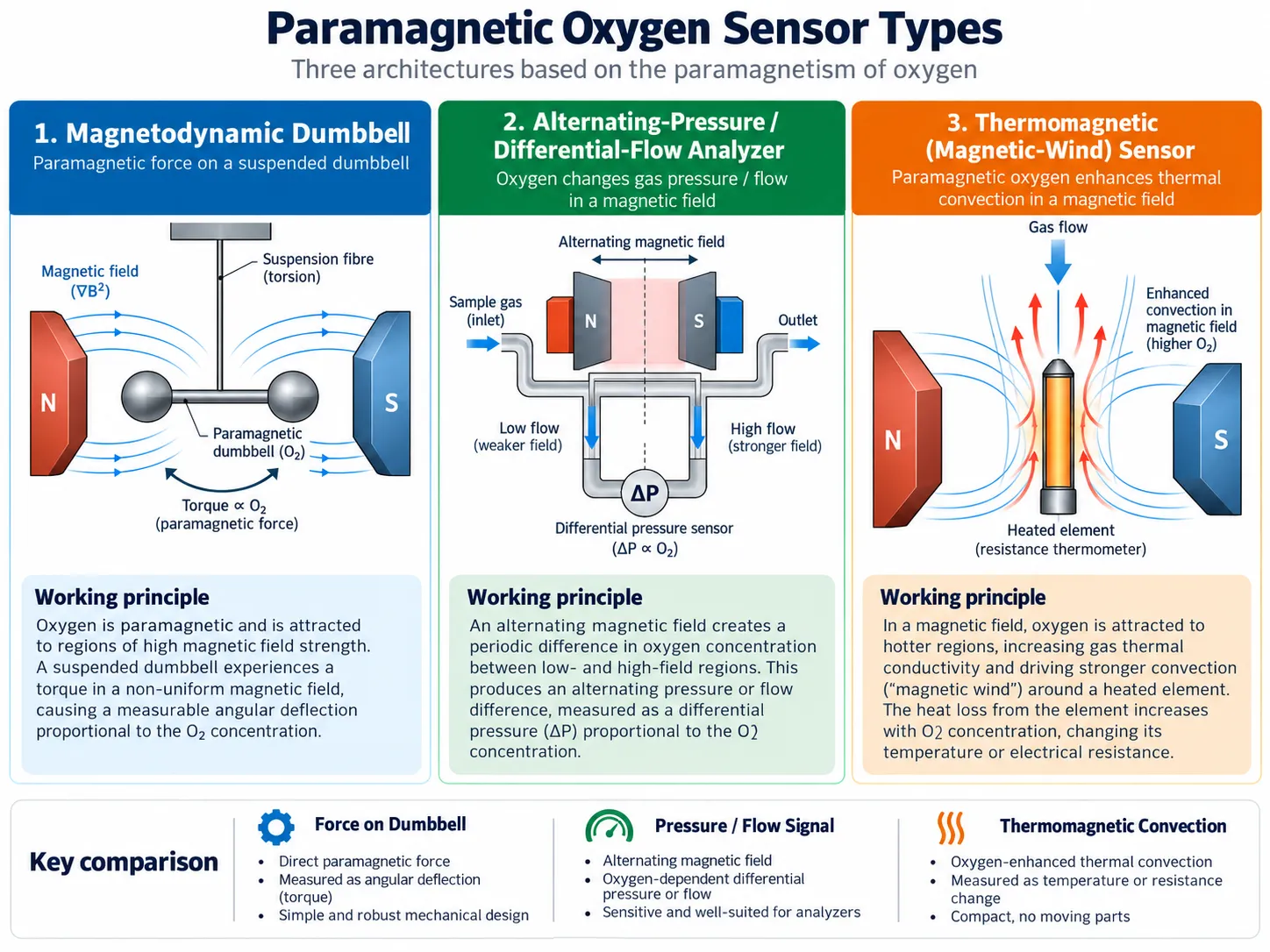 Types of paramagnetic oxygen sensors comparing magnetodynamic dumbbell alternating pressure differential flow and thermomagnetic oxygen analyzer