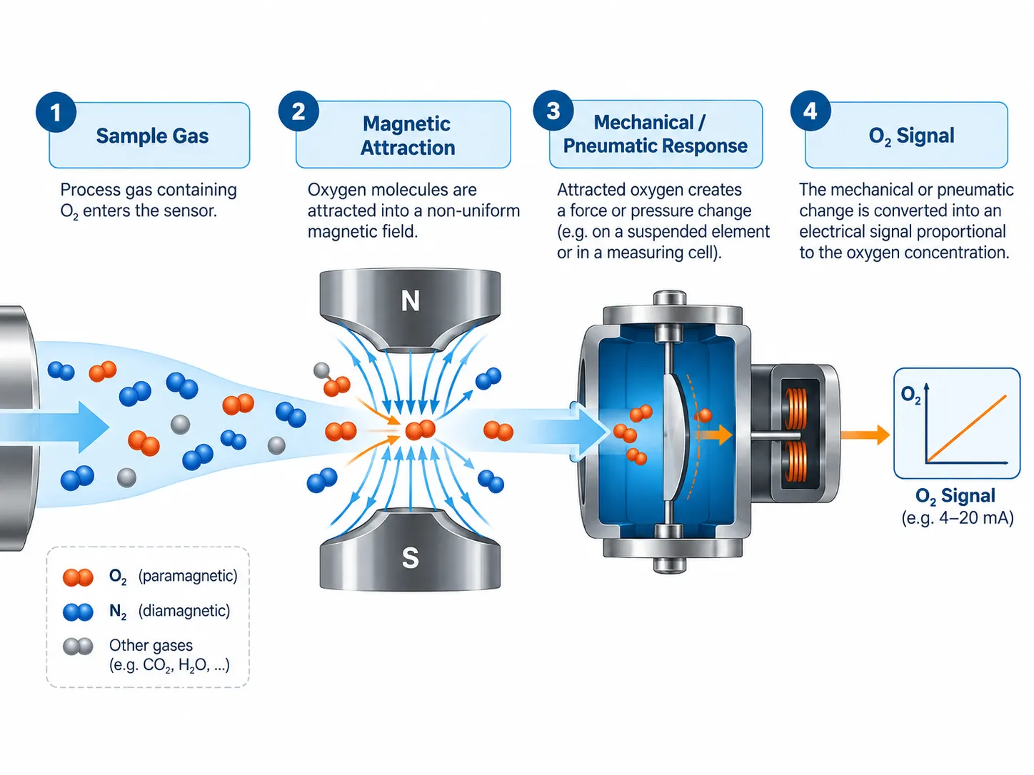Working principle of a paramagnetic oxygen sensor showing sample gas magnetic attraction mechanical or pneumatic response and oxygen signal output