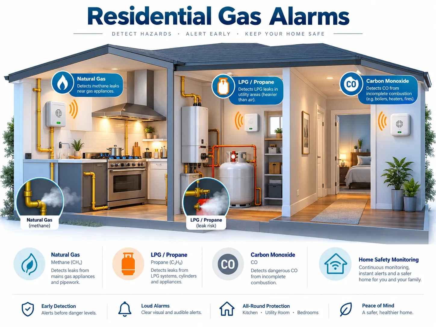 Residential gas alarm overview showing natural gas, LPG and carbon monoxide safety in a home