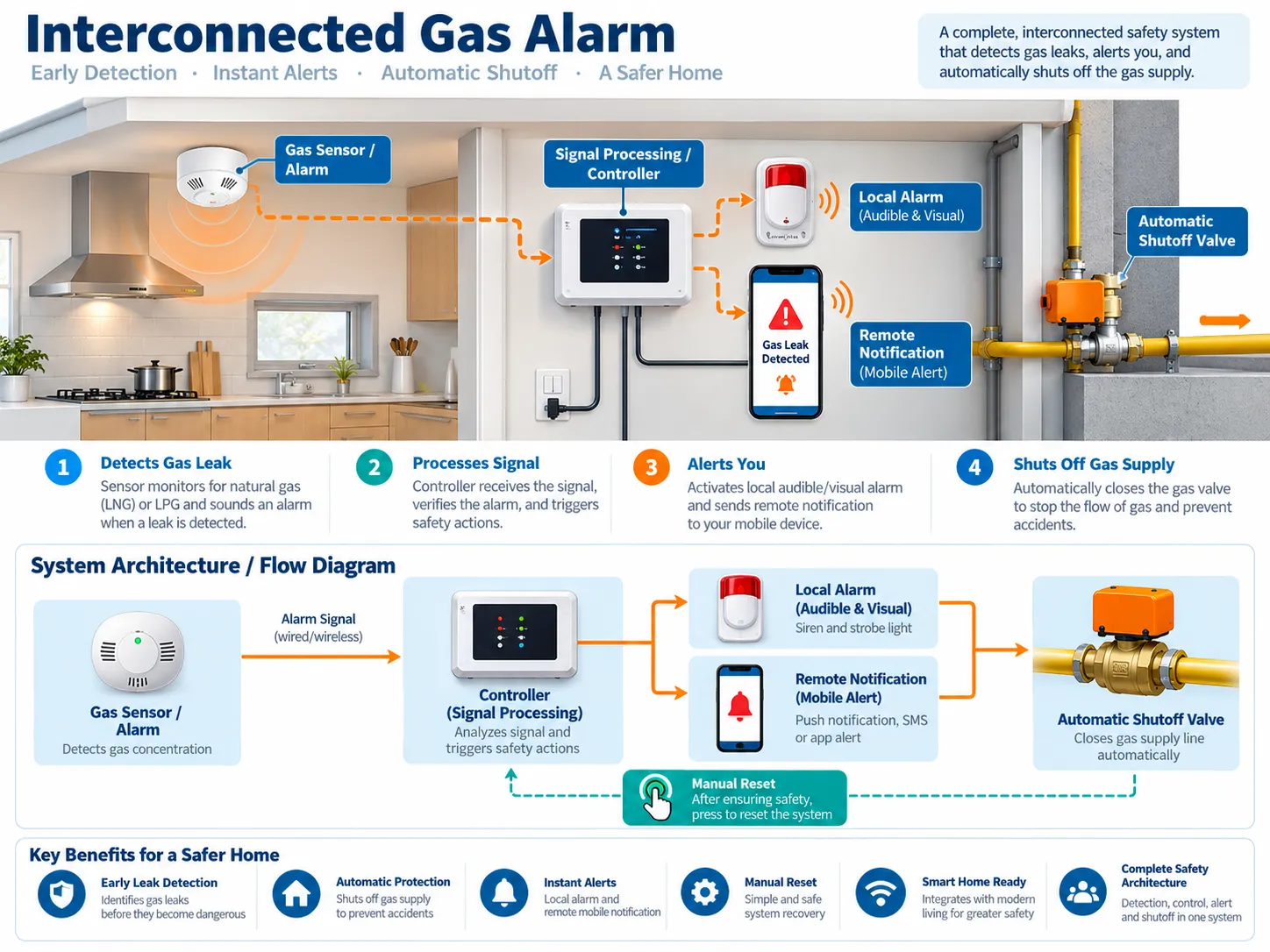 Residential gas alarm system architecture with sensor, signal controller, local alarm, remote notification and automatic gas shutoff valve