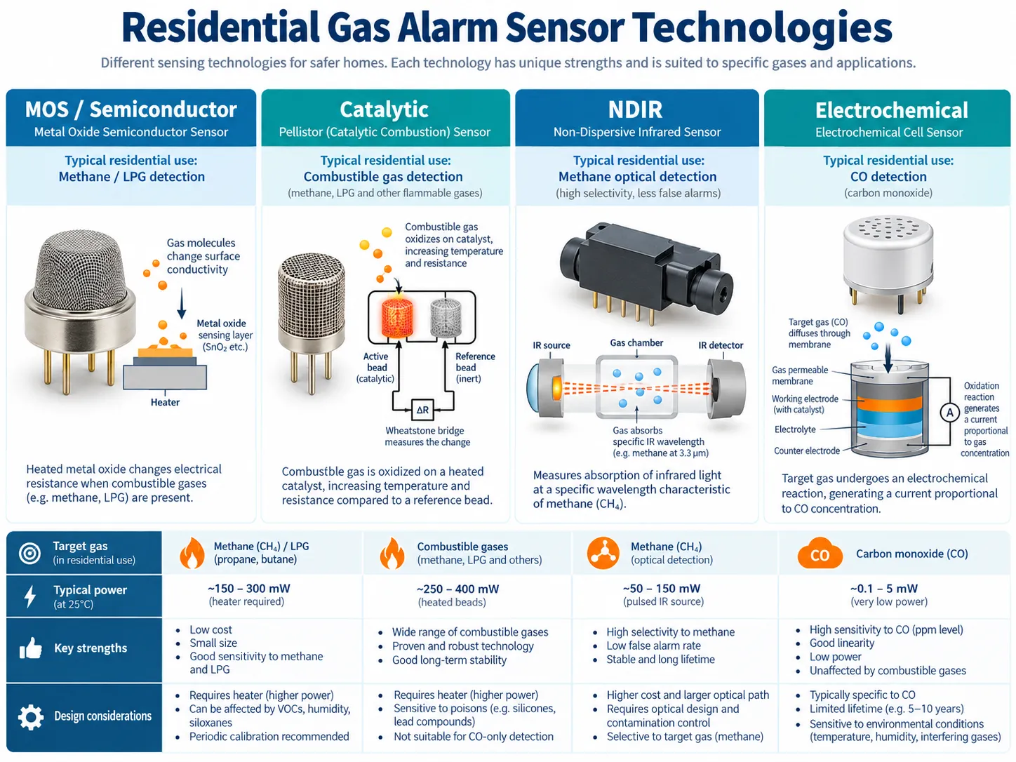 Engineering comparison of MOS, catalytic, NDIR and electrochemical sensor technologies used in gas alarm designs
