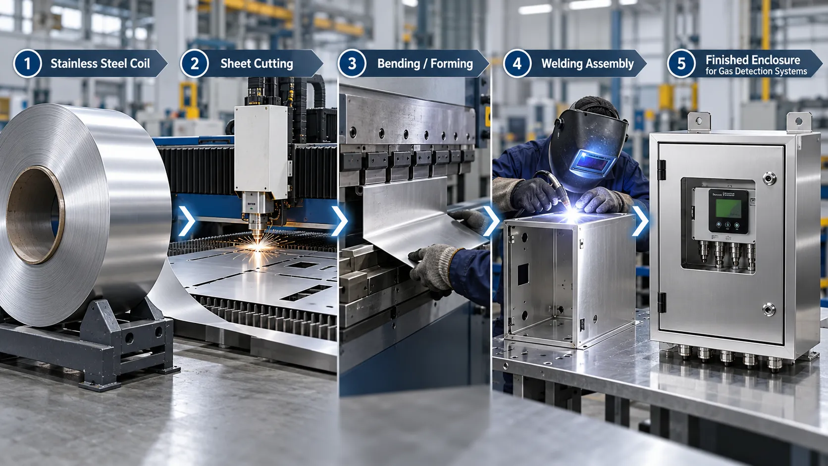 Stainless steel coil processed through cutting, bending and welding into a fabricated instrument enclosure
