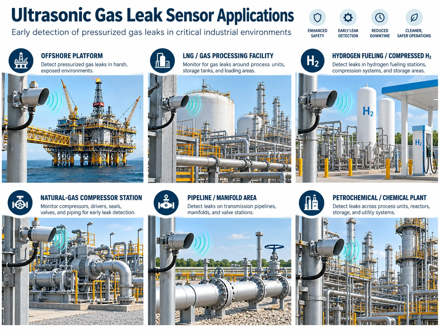Six industrial applications of fixed ultrasonic gas leak detectors offshore platform LNG process facility hydrogen station natural gas compressor station pipeline manifold and chemical plant