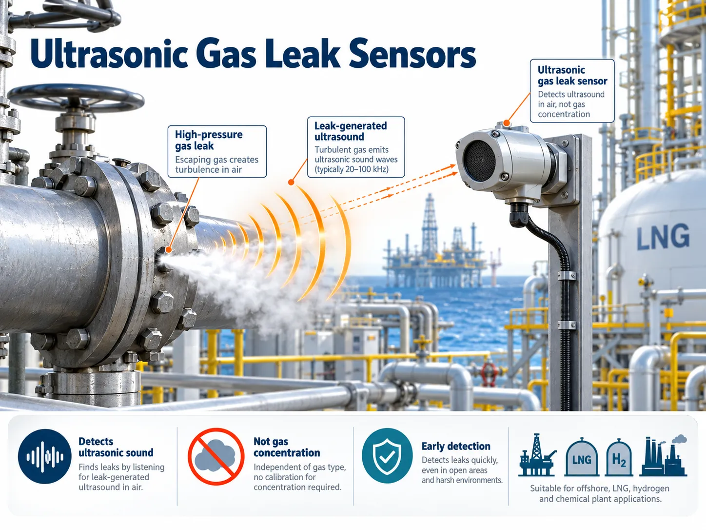 Industrial high-pressure gas pipe leaking ultrasonic acoustic energy toward a fixed ultrasonic gas leak detector near LNG processing equipment