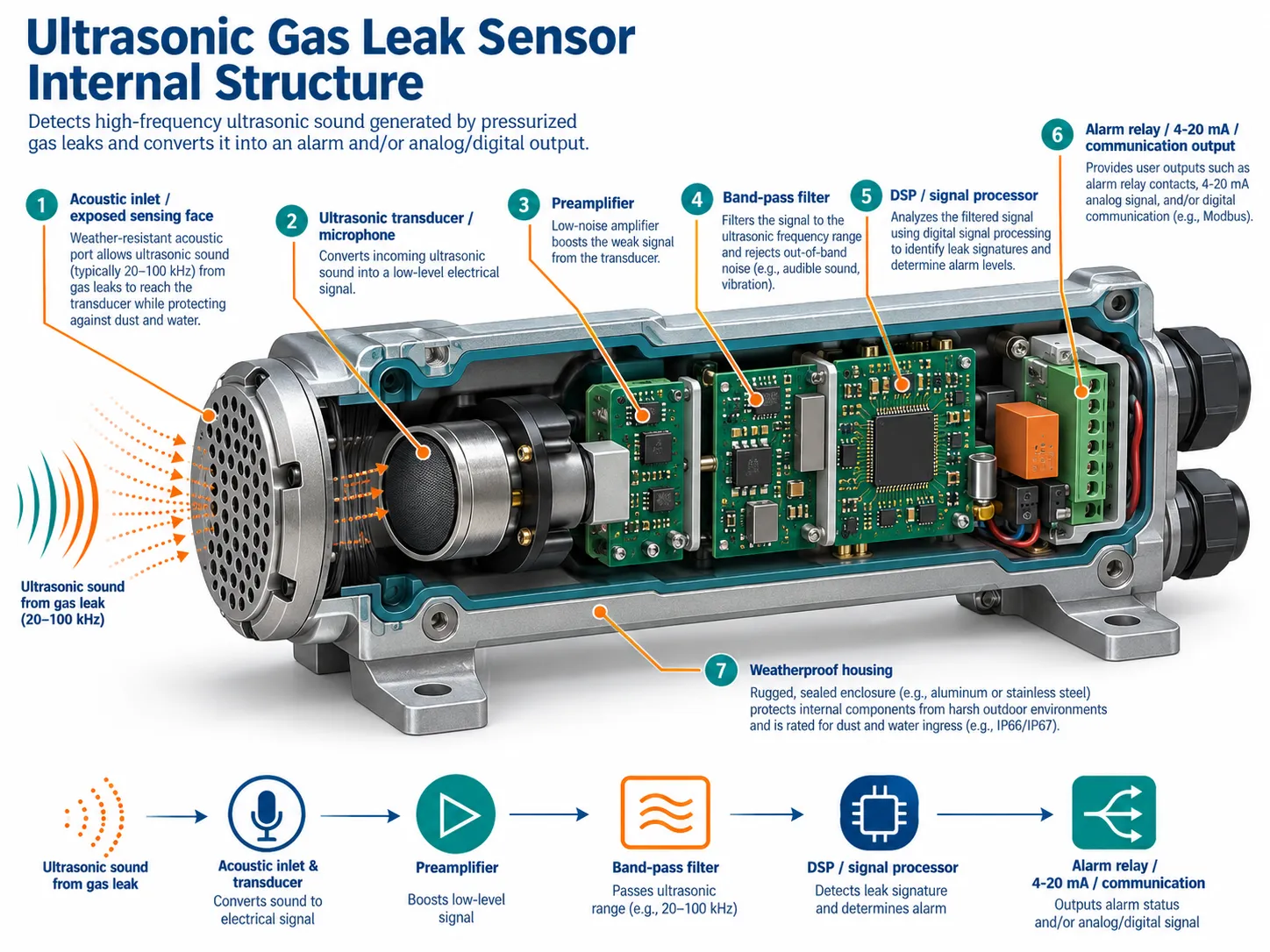 Conceptual cutaway of ultrasonic gas leak detector showing acoustic inlet sensor microphone preamplifier band pass filter DSP and relay communications