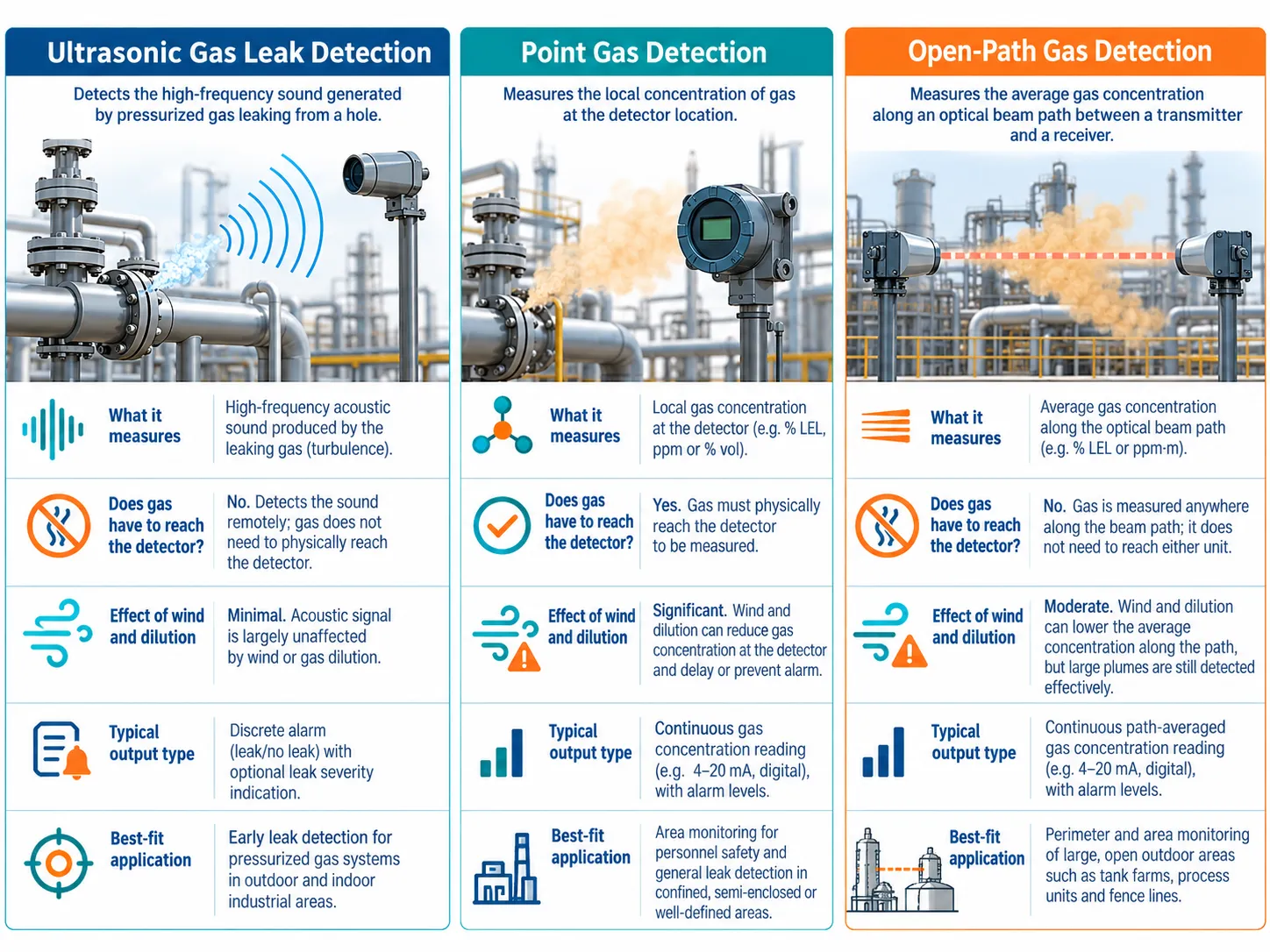 Engineering comparison of ultrasonic gas leak detection point concentration gas detection and open path optical gas detection